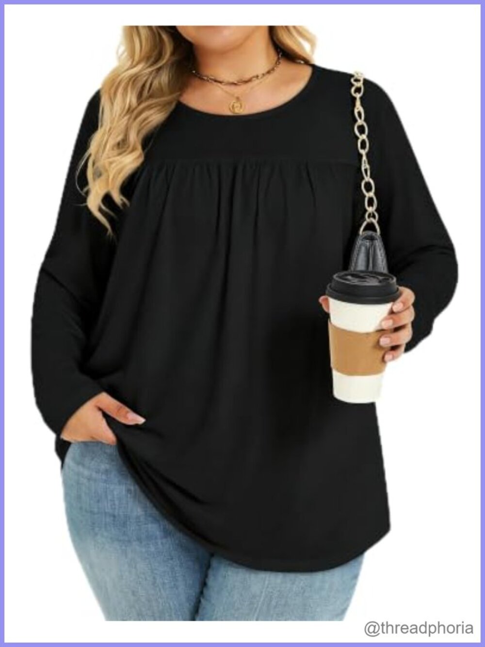 Plus Size Long Sleeve Pleated Tunic Top Crewneck Blouse